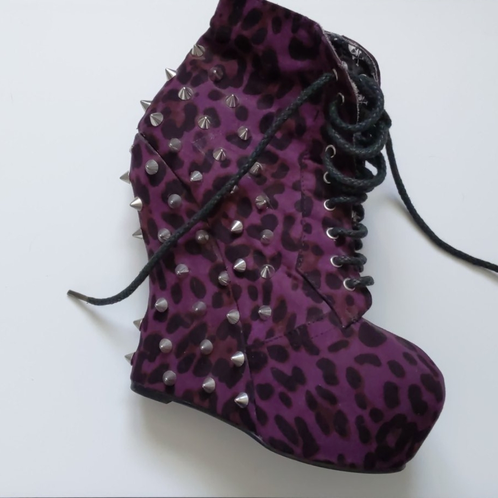 Purple leopard heel less spiked platform bootie